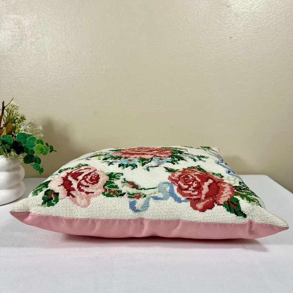 Vintage Handmade Floral and Bow Needlepoint Throw Pillow